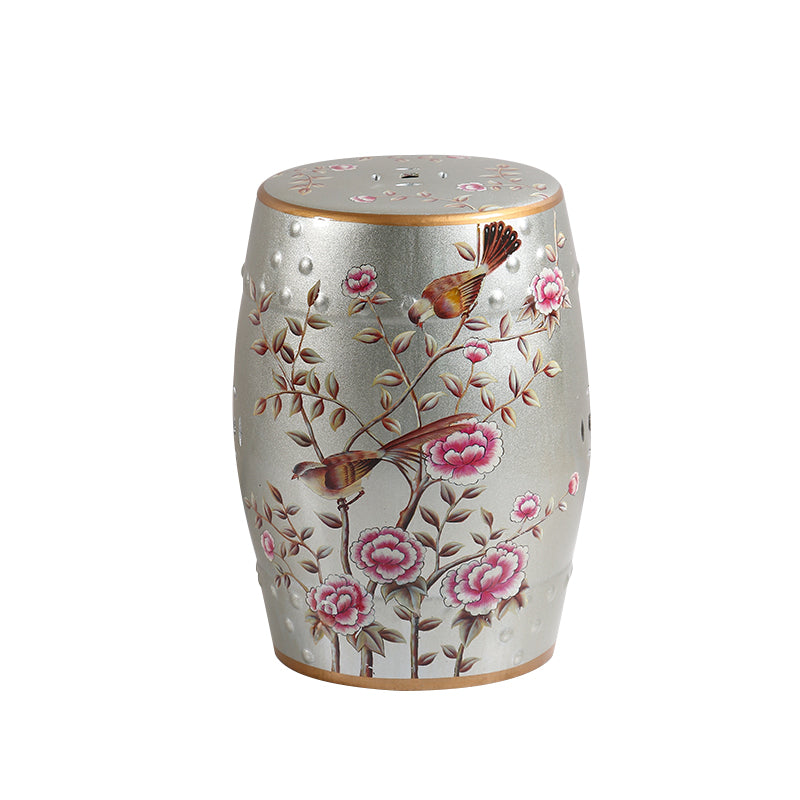 Ceramic Stool - Bird Flower Blossom in Silver