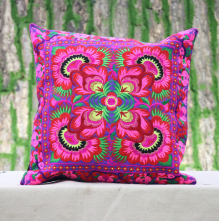 Embroidered Oriental Ethic Cushion Flowers Pink