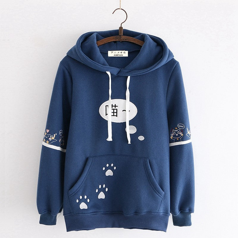 Embroidered Cute Cat & Paw Hoodie