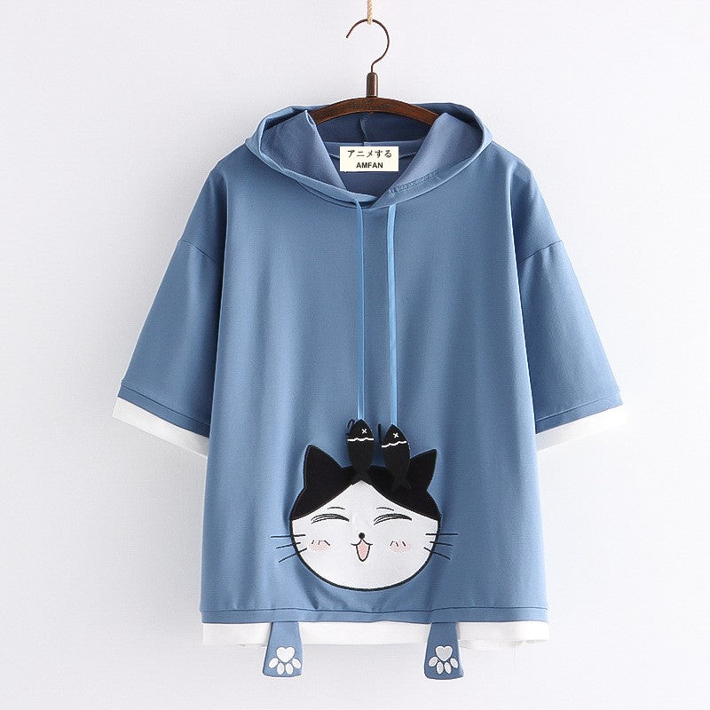 Cute Cat Face & Fish Drawstring T-Shirt