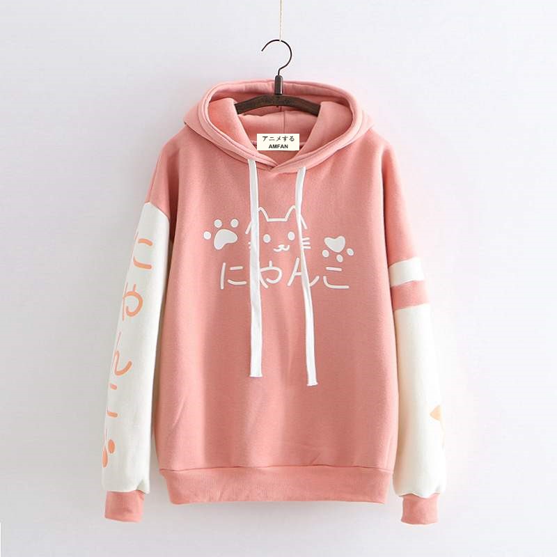 Cartoon Cute Cat with Paw Print Hoodie