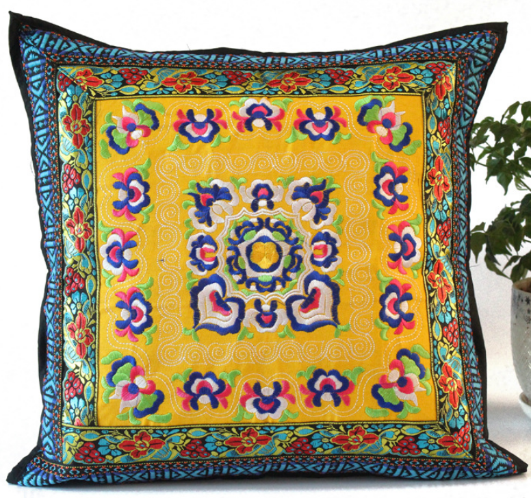 Embroidered Oriental Ethic Cushion Yellow