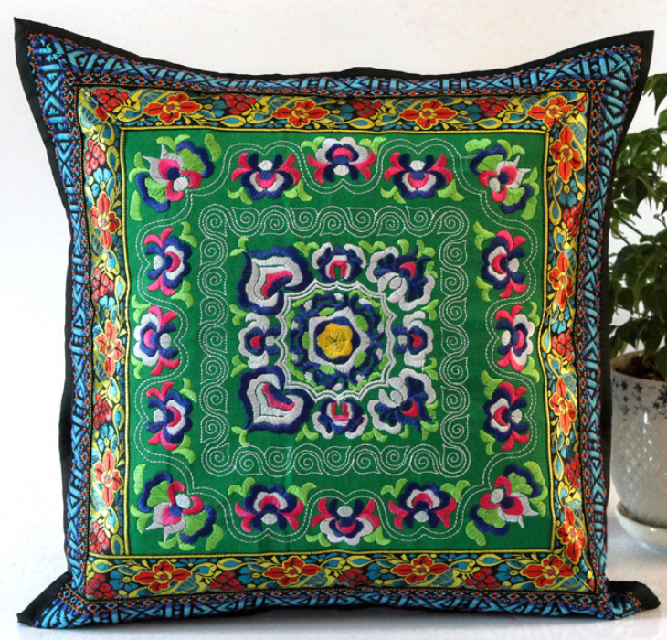 Embroidered Oriental Ethic Cushion Green