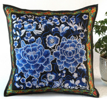 Load image into Gallery viewer, Embroidered Oriental Ethic Cushion Blue Peony
