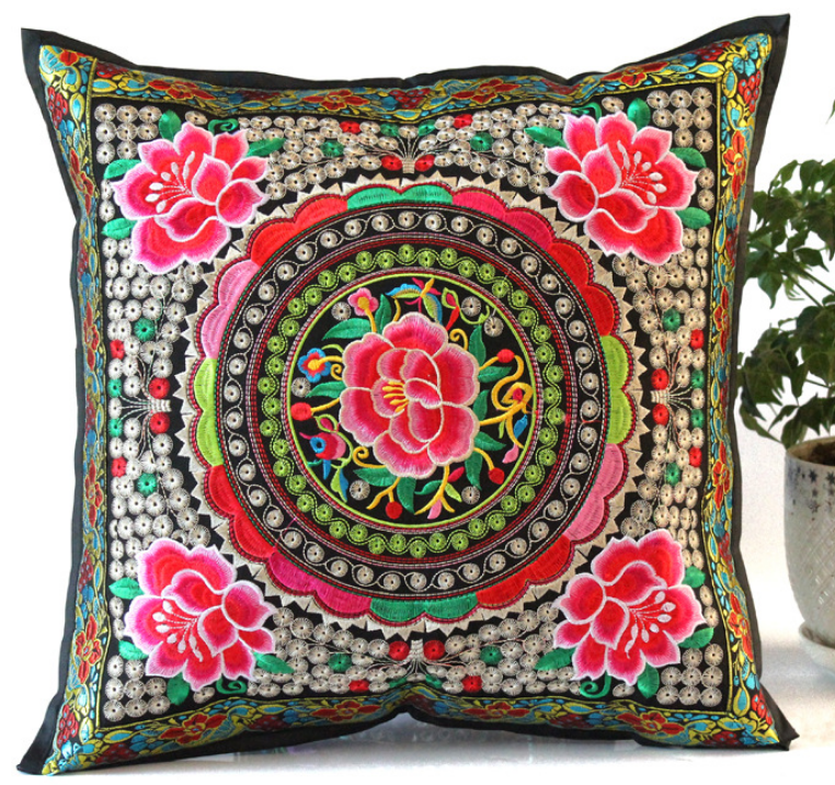 Embroidered Oriental Ethic Cushion Red Lotus