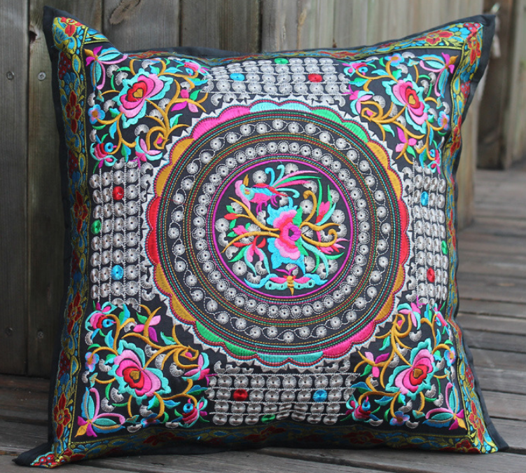 Embroidered Oriental Ethic Cushion Copper Flower